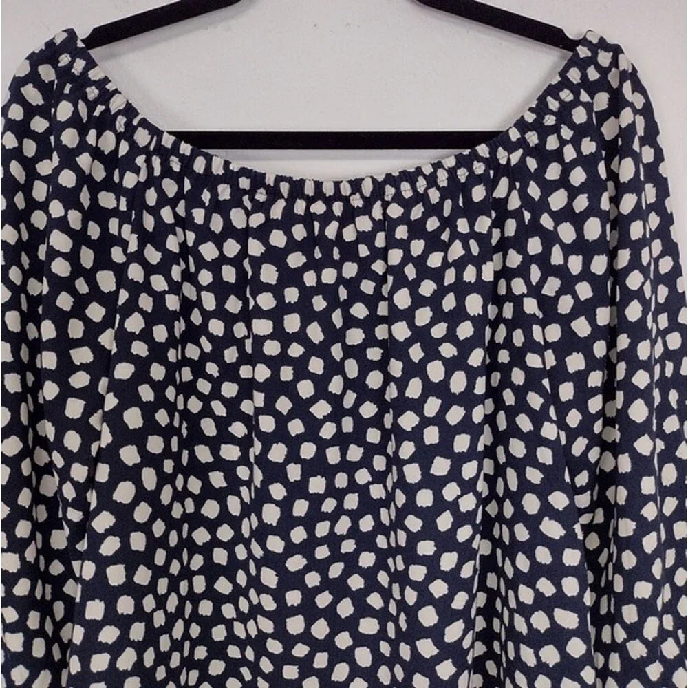 J Crew Blouse Navy/White 3/4 Tie Sleeve Elastic Neck Oversized Sz S Career
